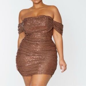 NWT PrettyLittleThing Plus Chocolate Sequin Bardot Mini Bodycon Dress